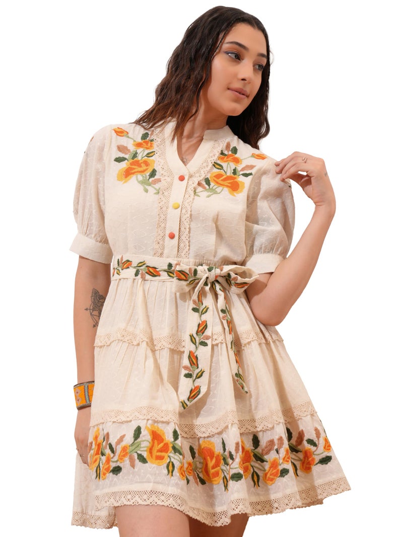 Vishudh Women Mandarin Neck Above The Knee Short Dress VPSD000018 2XL Off White/Yellow - Image 5