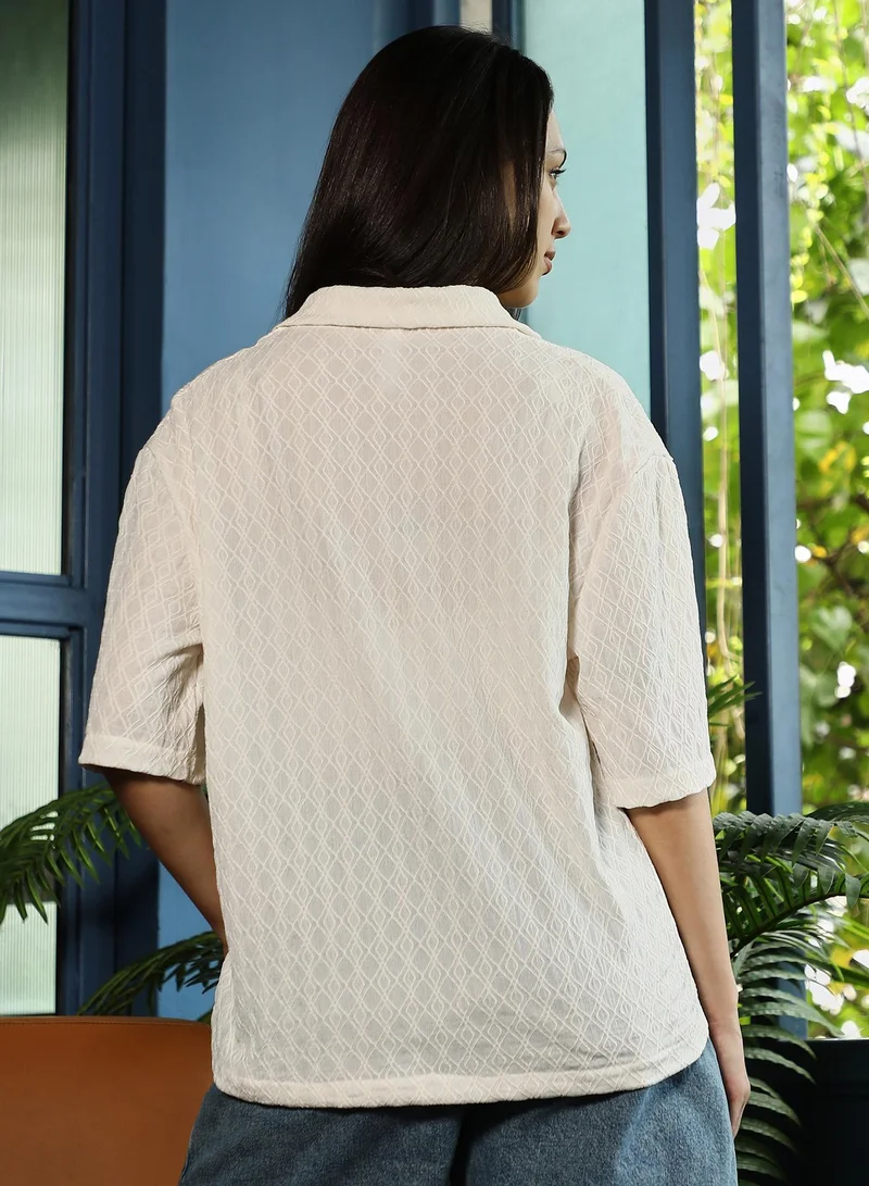 PINACOLADA  Women's Cream White Rhombus-Lined Tactile Oversized Shirt | نساء | أكمام قصيرة | طبعة هندسية | طوق كوبي | كاجوال كبير الحجم | قميص for Women | Best Price UAE