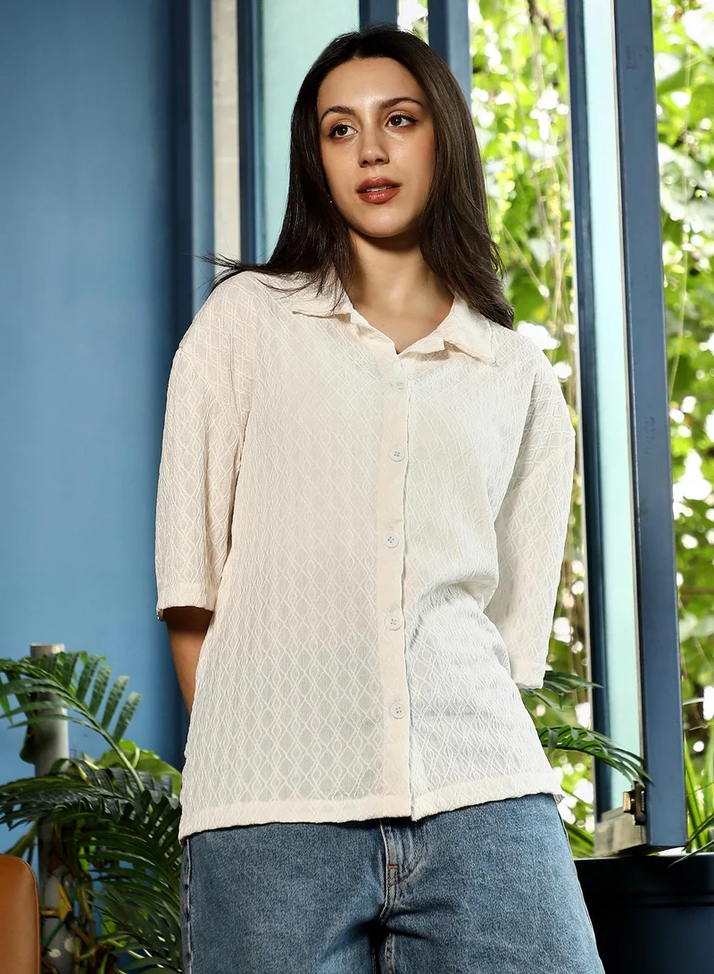 بينيا كولادا قميص نسائي كبير الحجم بنقش المعين وياقة كوبية وأكمام قصيرة