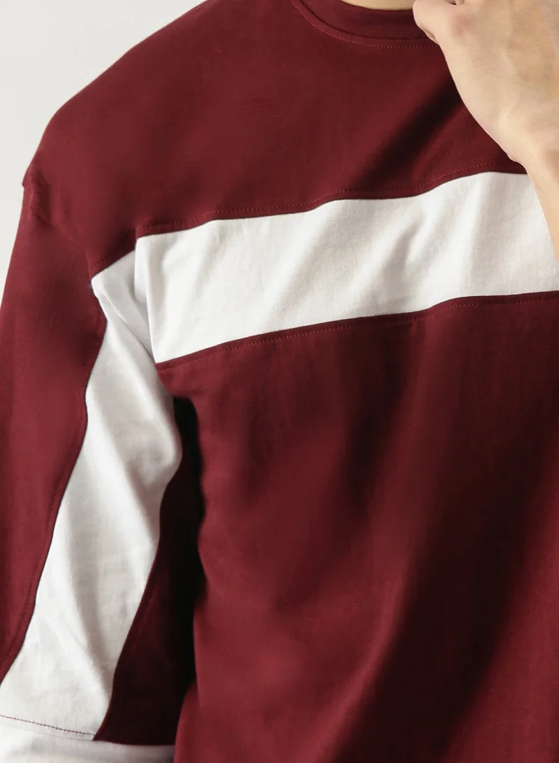 Maniac Maniac Men's 3-4th sleeve Round Neck Maroon and White Cotton Slim Fit Tshirt