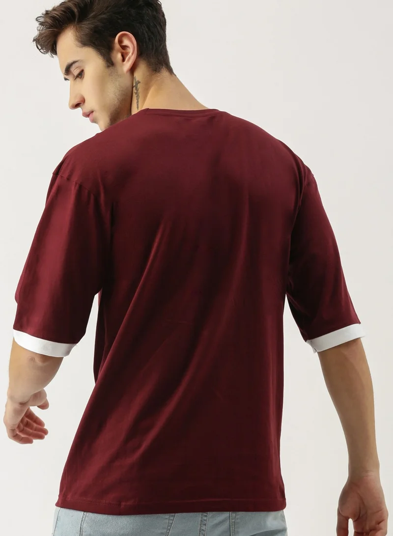 Maniac  Maniac Men's 3-4th sleeve Round Neck Maroon and White Cotton Slim Fit Tshirt for Men | Best Price UAE