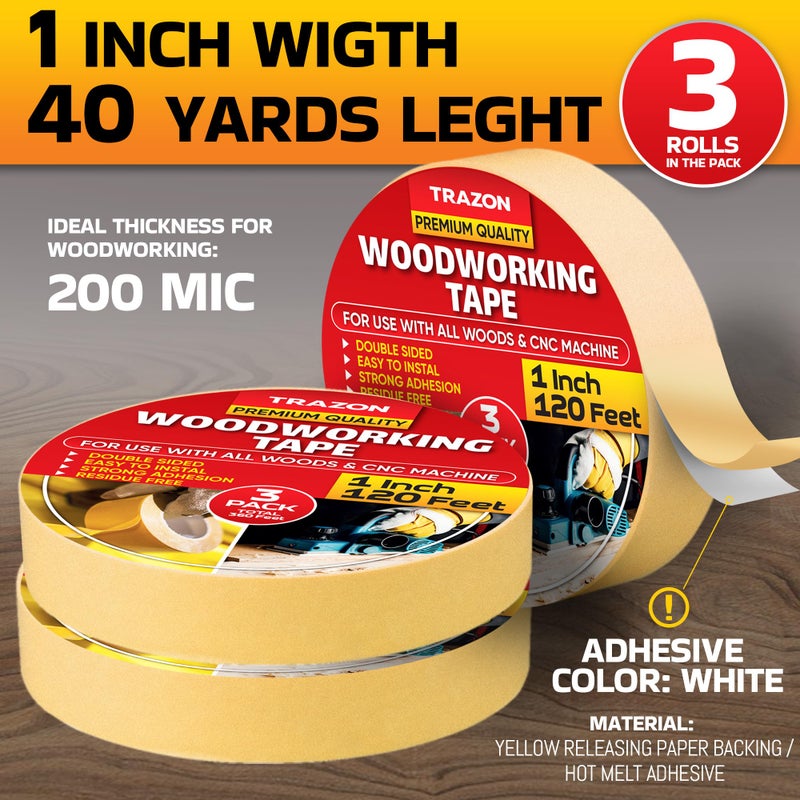 Trazon Double Sided Woodworking Tape Super Strong, 3 Pack, 1 Inch x 120 Feet, Wood Crafter Sticky Tool, Two Side Adhesive for Router Templates and CNC Machine, Removable & Residue Free - Image 3