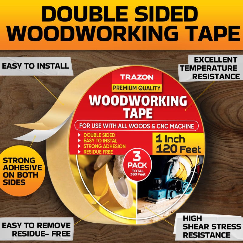 Trazon Double Sided Woodworking Tape Super Strong, 3 Pack, 1 Inch x 120 Feet, Wood Crafter Sticky Tool, Two Side Adhesive for Router Templates and CNC Machine, Removable & Residue Free - Image 2