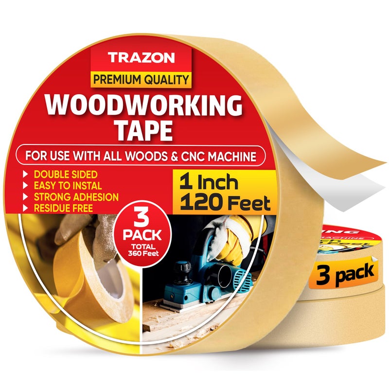 Trazon Double Sided Woodworking Tape Super Strong, 3 Pack, 1 Inch x 120 Feet, Wood Crafter Sticky Tool, Two Side Adhesive for Router Templates and CNC Machine, Removable & Residue Free - Image 1
