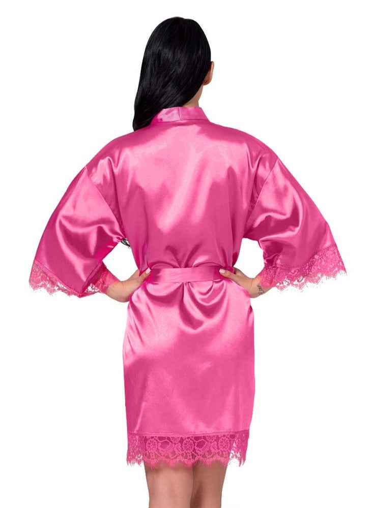 MARGOUN Women Satin Robe Belted Silky Robe Sleepwear Bridal Robe Kimono Lace Sleeve Nightgown Pink  - Image 3
