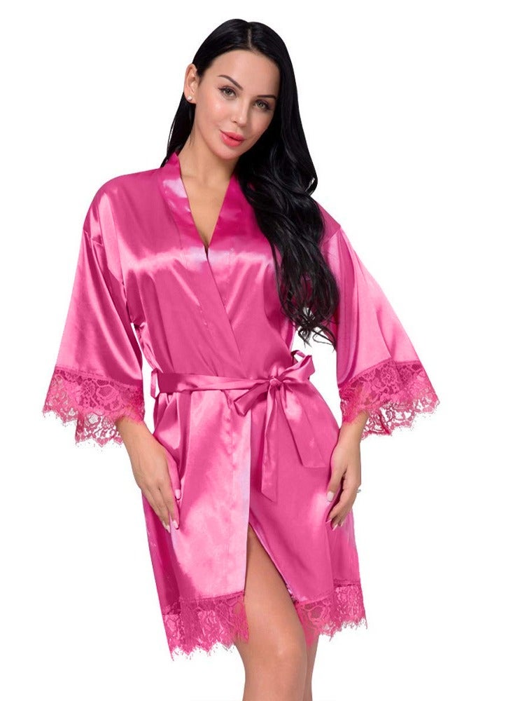 MARGOUN Women Satin Robe Belted Silky Robe Sleepwear Bridal Robe Kimono Lace Sleeve Nightgown Pink  - Image 4