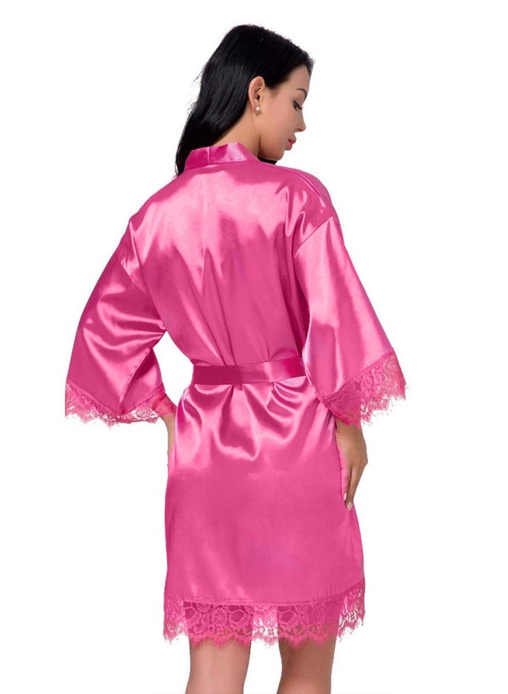 MARGOUN Women Satin Robe Belted Silky Robe Sleepwear Bridal Robe Kimono Lace Sleeve Nightgown Pink  - Image 5