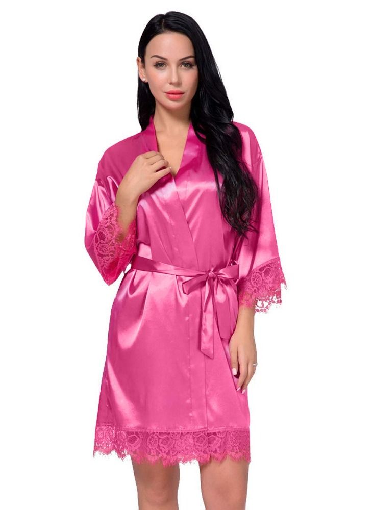 MARGOUN Women Satin Robe Belted Silky Robe Sleepwear Bridal Robe Kimono Lace Sleeve Nightgown Pink  - Image 1