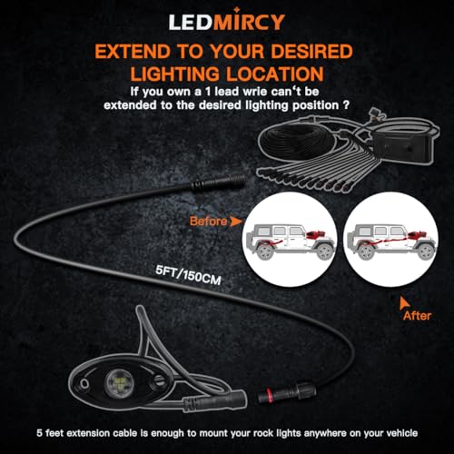 LEDMIRCY LED Rock Lights Extension Cable Wire Cord 2Pin Waterproof 4PCS 5ft 22AWG with Male to Female Connectors 11mm Nut Size for Wheel Lights Spot Flood Light Driving Fog Lights for Truck - Image 3