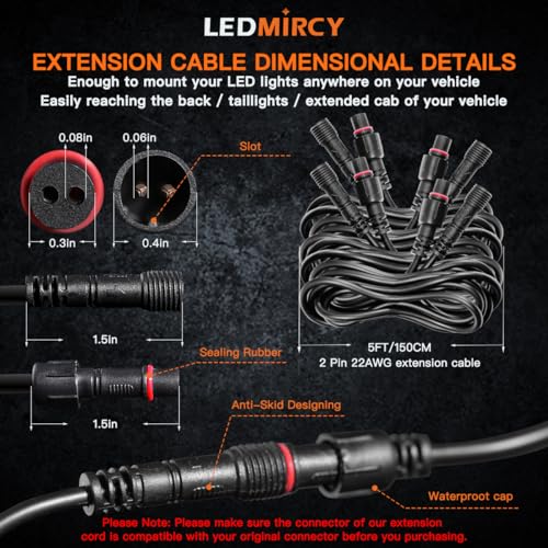 LEDMIRCY LED Rock Lights Extension Cable Wire Cord 2Pin Waterproof 4PCS 5ft 22AWG with Male to Female Connectors 11mm Nut Size for Wheel Lights Spot Flood Light Driving Fog Lights for Truck - Image 2