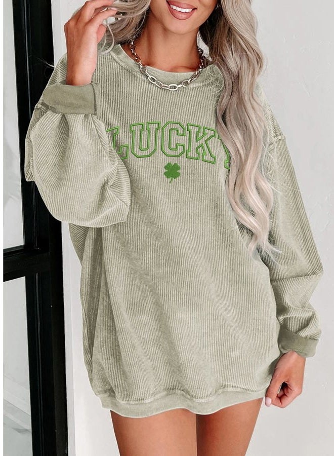 SELINK Womens Crewneck Oversized Corduroy Corded Sweatshirt Long Sleeve Casual Pullover Tops, Z512 Green Lucky, M - Image 2