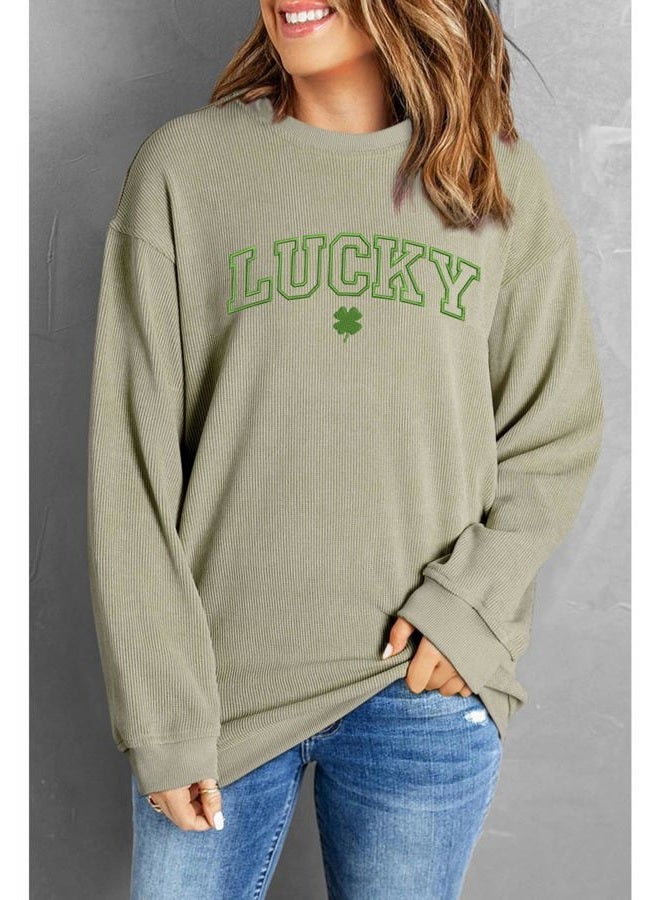 SELINK Womens Crewneck Oversized Corduroy Corded Sweatshirt Long Sleeve Casual Pullover Tops, Z512 Green Lucky, M - Image 3