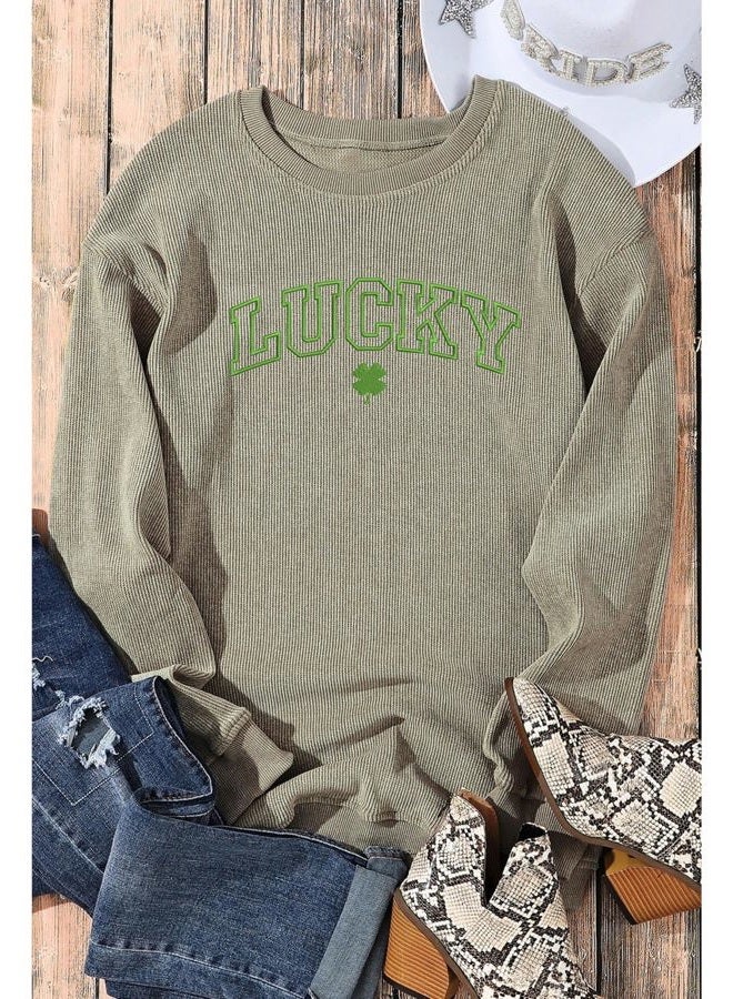 SELINK Womens Crewneck Oversized Corduroy Corded Sweatshirt Long Sleeve Casual Pullover Tops, Z512 Green Lucky, M - Image 4