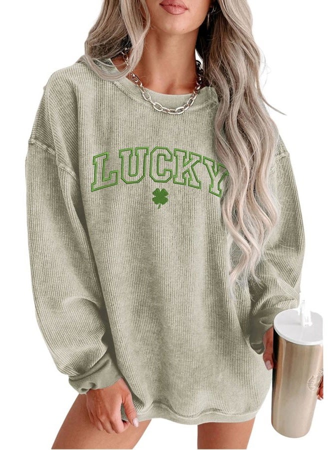 SELINK Womens Crewneck Oversized Corduroy Corded Sweatshirt Long Sleeve Casual Pullover Tops, Z512 Green Lucky, M - Image 1