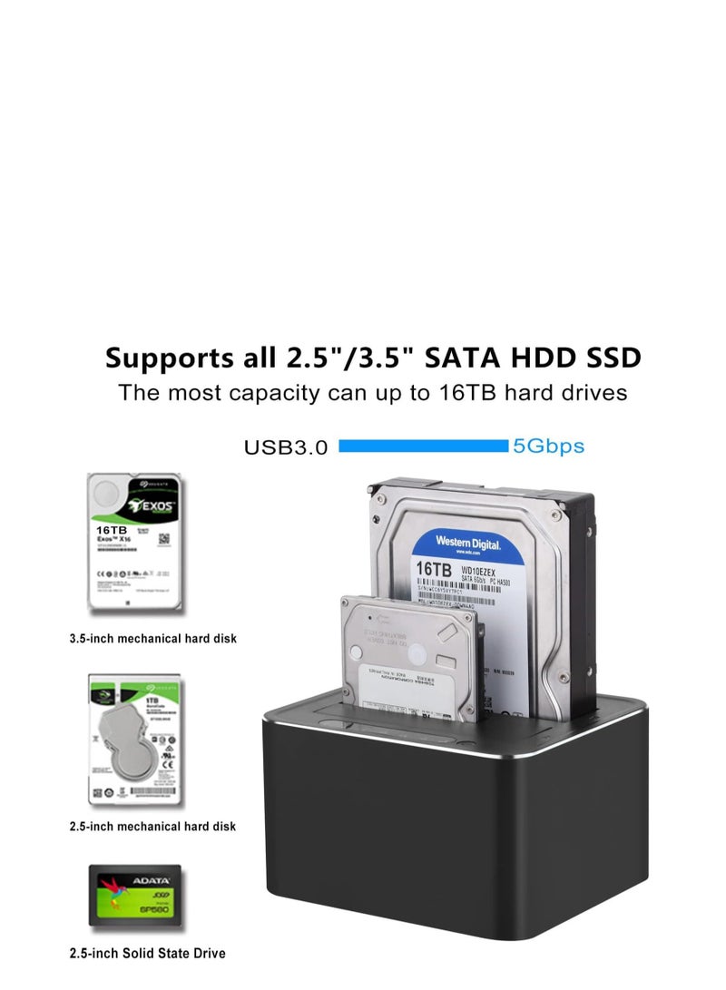 Haing Hard Drive Docking Station, USB 3.0 SATA to HDD Docking Station for 2.5 & 3.5 inch SATA HDD/SSD, Dual Bay, Support Offline Clone, SD/TF Card Reader, USB Ports, Black - Image 2