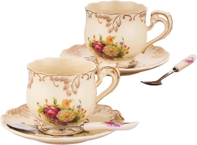 EUROPEAN PORCELAIN TEA CUPS AND SAUCERS SET VINTAGE FLORAL TEA CUPS SET IVORY GOLD TRIM FLORAL COFFEE CUPS SET 8 OUNCE GIFT FOR WOMEN FLORAL SET OF 2
