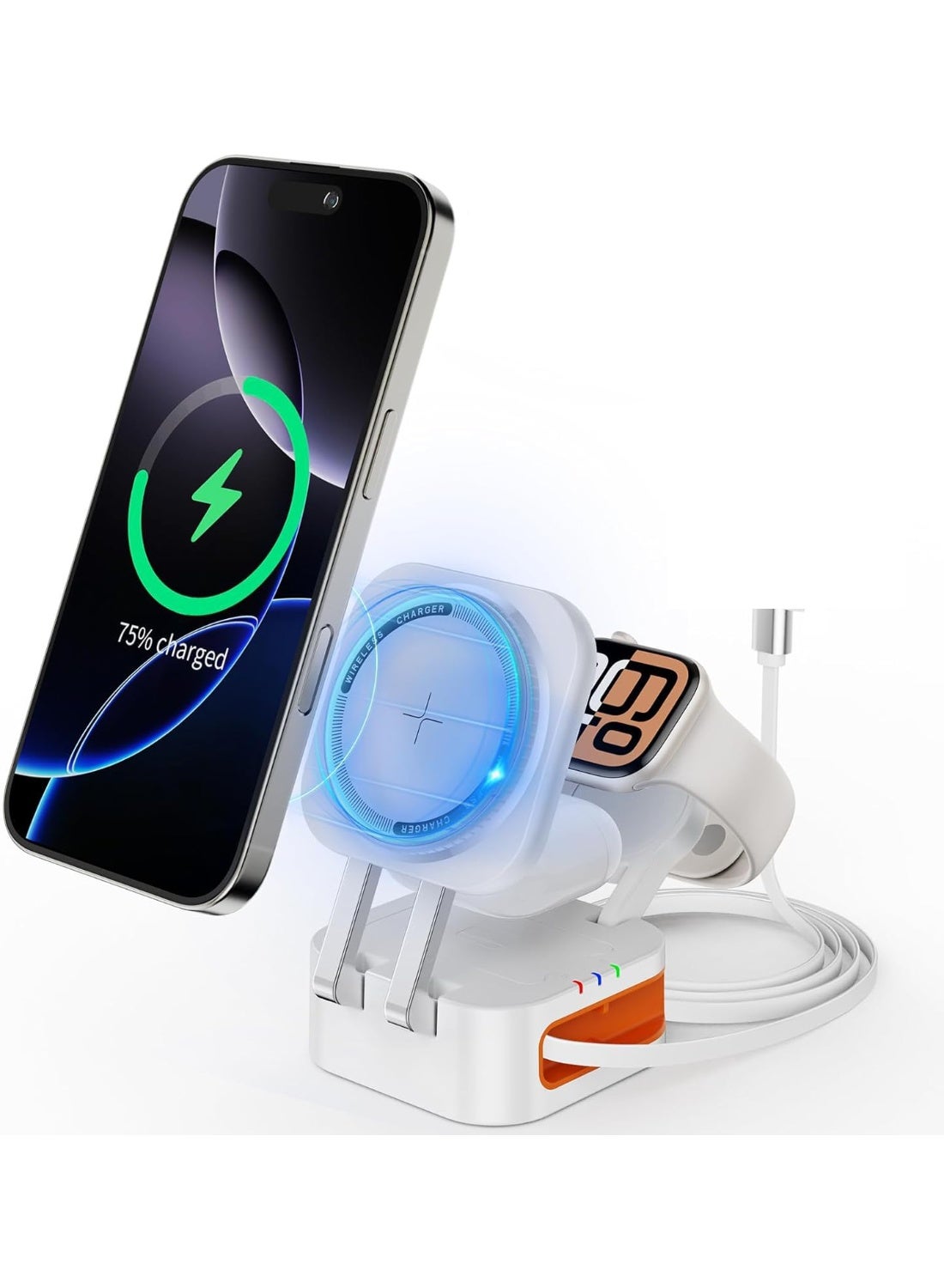 3-in-1 Magnetic Wireless Charger, Foldable Fast Charging Stand for iPhone 16/15/14, iWatch Ultra/Series 10/9/8 & AirPods, Portable Retractable Cable Charging Station with LED Indicator (White, 15W)