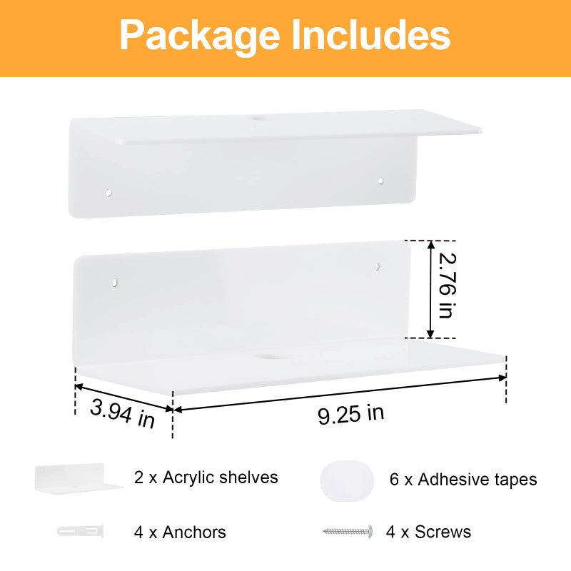 luium 9 Inch Acrylic Floating Shelf No Drill Adhesive Wall Shelf Set of 2 for Funko Pop Storage, Floating Shelves Damage-Free Expand Wall Space for Living Room, Bathroom, Gaming Room, Office - White - Image 2