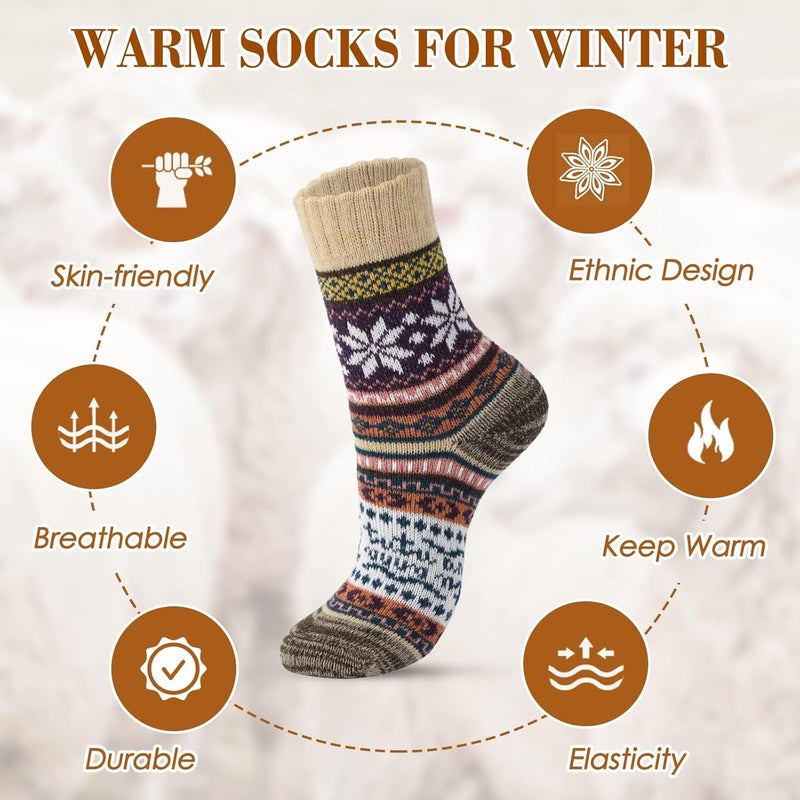 ChicAbode 5 Pairs Wool Socks, Vintage Winter Warm Wool Socks for Women, Soft Cozy Socks, Thick Knit Boots Socks Gifts for Women Men - Image 5
