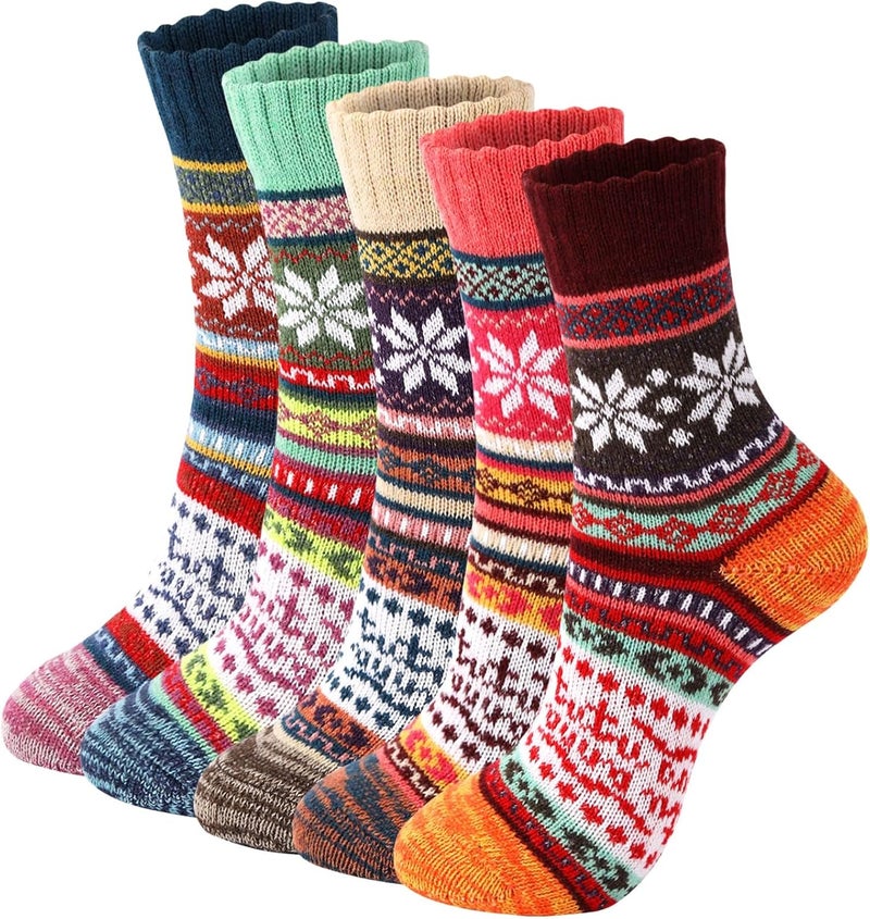 ChicAbode 5 Pairs Wool Socks, Vintage Winter Warm Wool Socks for Women, Soft Cozy Socks, Thick Knit Boots Socks Gifts for Women Men - Image 1