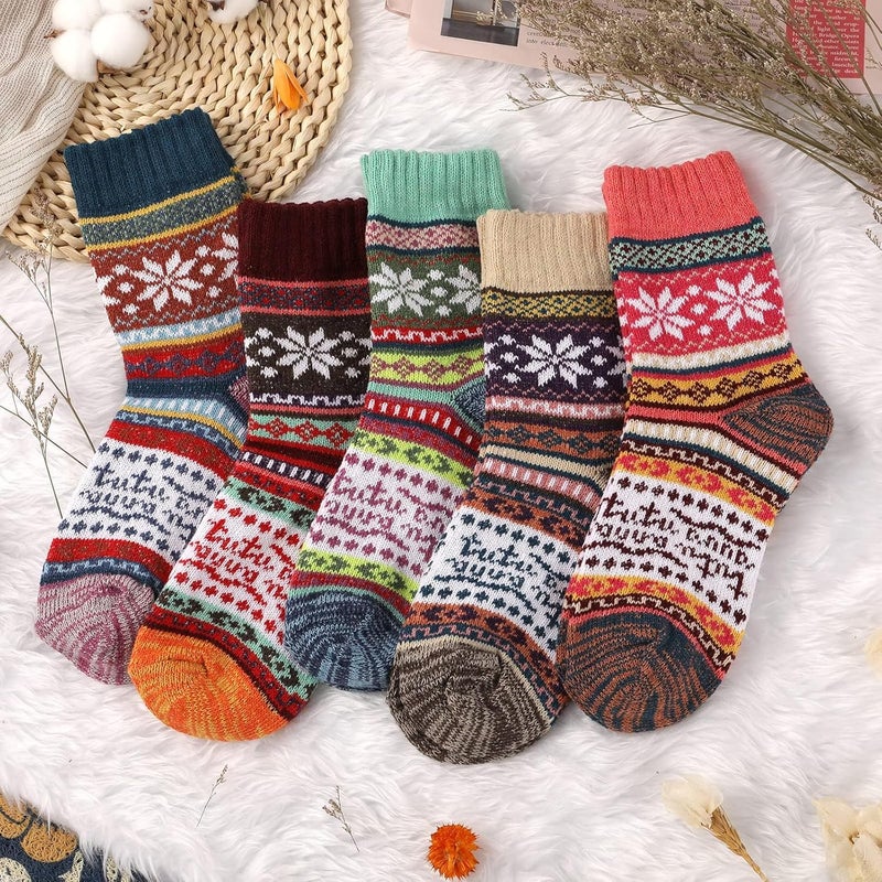 ChicAbode 5 Pairs Wool Socks, Vintage Winter Warm Wool Socks for Women, Soft Cozy Socks, Thick Knit Boots Socks Gifts for Women Men - Image 2