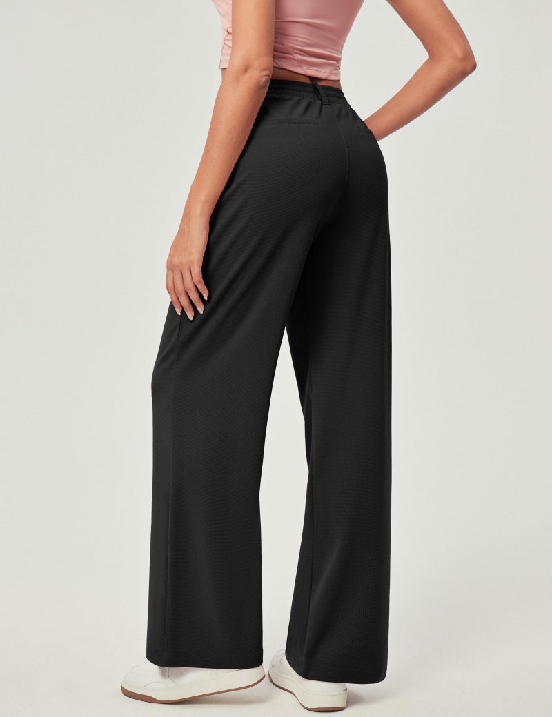 IUGA Wide Leg Pants Woman Pull on Stretchy Work Dress Pants High Waisted Business Casual Trousers Slacks Petite, Small, Black - Image 2