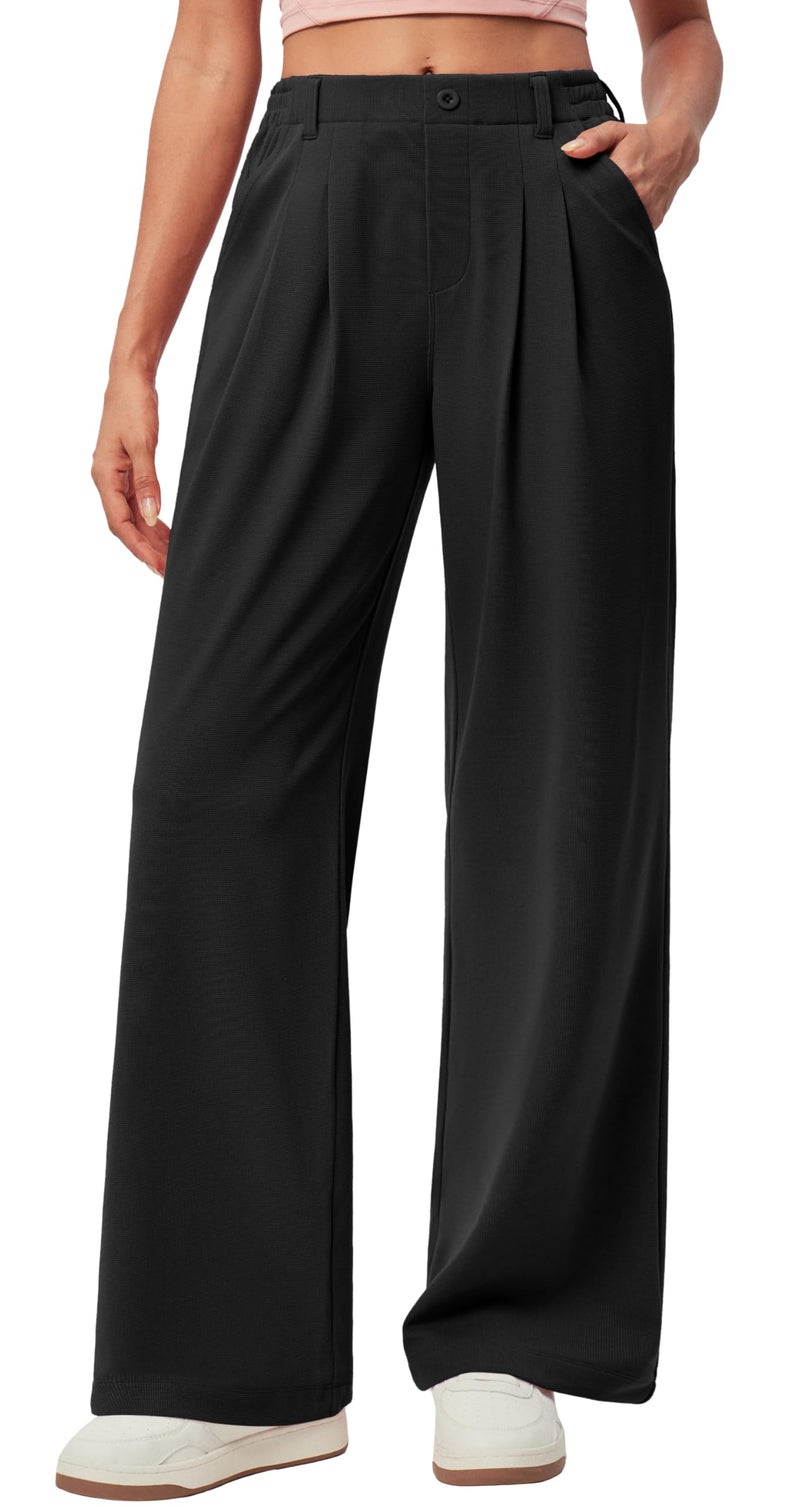 IUGA Wide Leg Pants Woman Pull on Stretchy Work Dress Pants High Waisted Business Casual Trousers Slacks Petite, Small, Black - Image 1