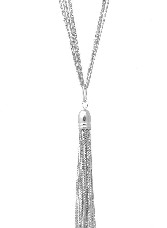 Spinningdaisy Multi Link Tassel End Statement Y Necklace Silver - Image 3