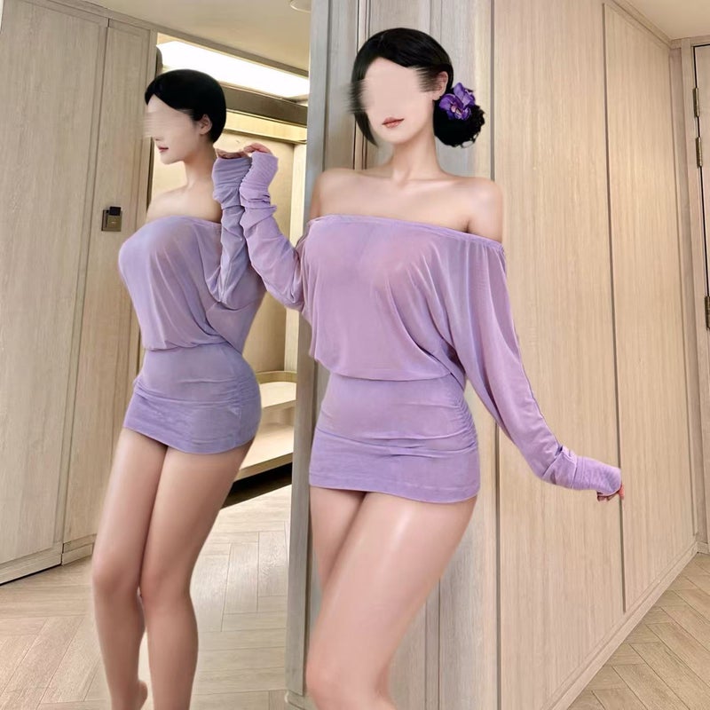 Plus Size Korean-Style Mesh Detail Short Dress with Off-Shoulder Batwing Sleeves