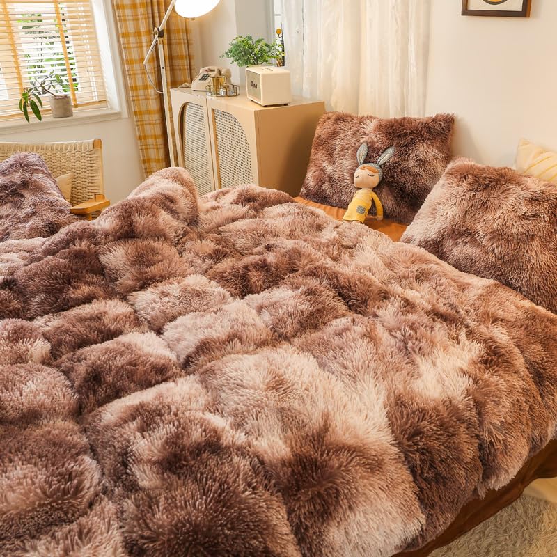 chovy Faux Fur Tie-Dyed Brown White White Colorful Comforter Sets Twin - 3PC Bed Set Ultra Soft Plush Flannel Velvet Fluffy Fuzzy Bedding(Comforter x 1 Pillowcases x 2) - Image 5