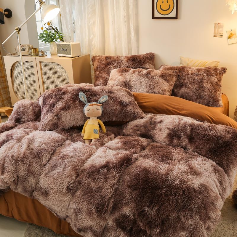 chovy Faux Fur Tie-Dyed Brown White White Colorful Comforter Sets Twin - 3PC Bed Set Ultra Soft Plush Flannel Velvet Fluffy Fuzzy Bedding(Comforter x 1 Pillowcases x 2) - Image 2