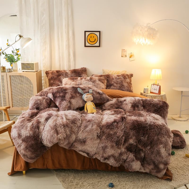 chovy Faux Fur Tie-Dyed Brown White White Colorful Comforter Sets Twin - 3PC Bed Set Ultra Soft Plush Flannel Velvet Fluffy Fuzzy Bedding(Comforter x 1 Pillowcases x 2) - Image 1