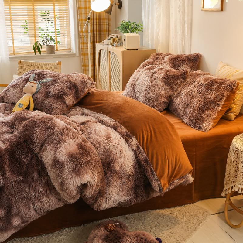 chovy Faux Fur Tie-Dyed Brown White White Colorful Comforter Sets Twin - 3PC Bed Set Ultra Soft Plush Flannel Velvet Fluffy Fuzzy Bedding(Comforter x 1 Pillowcases x 2) - Image 4