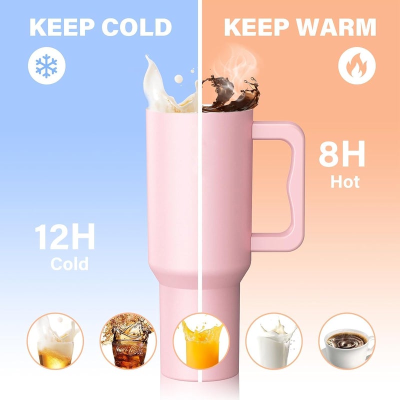 Apexx Stainless Steel Insulated Tumbler with Lid Straw 100 Leakproof Double Wall Travel Mug with Handle Hot Cold Drink Sipper for Office Gym Outdoors Pink - Image 4