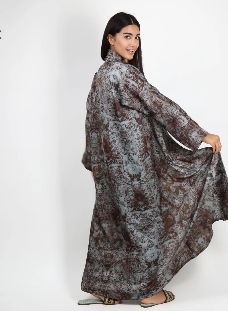 JAMEELA  Sienna Abstract Print Grey Open Abaya, Belt & Scarf Set for Women | Best Price UAE