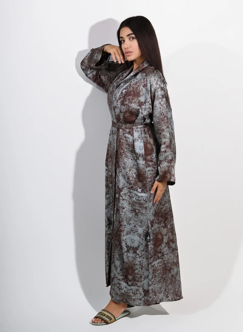 JAMEELA  Sienna Abstract Print Grey Open Abaya, Belt & Scarf Set for Women | Best Price UAE