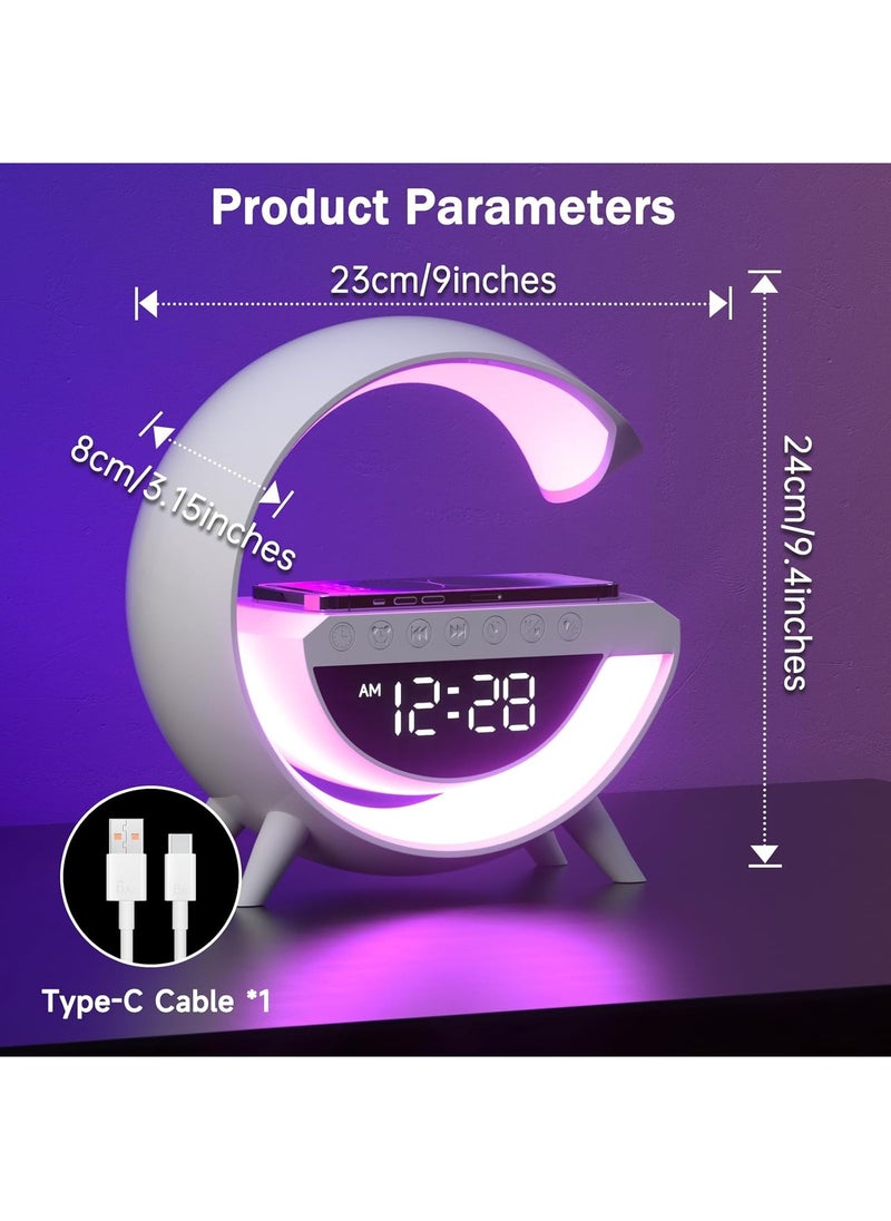 Bluetooth speaker Atmosphere Lamp with 15W Wireless Charger Led Alarm Clock Dimmable Ambient Light Smart Table Lamp with Dazzling Running Lights 13 Modes Lights for Adults Kids Office Bedroom.