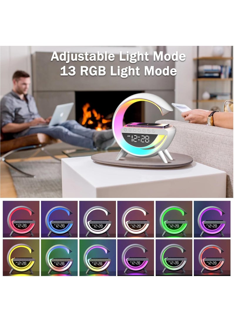 Bluetooth speaker Atmosphere Lamp with 15W Wireless Charger Led Alarm Clock Dimmable Ambient Light Smart Table Lamp with Dazzling Running Lights 13 Modes Lights for Adults Kids Office Bedroom.