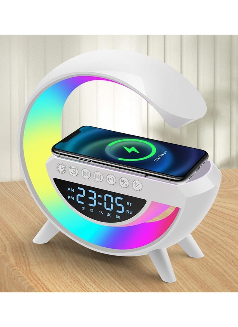 Bluetooth speaker Atmosphere Lamp with 15W Wireless Charger Led Alarm Clock Dimmable Ambient Light Smart Table Lamp with Dazzling Running Lights 13 Modes Lights for Adults Kids Office Bedroom.