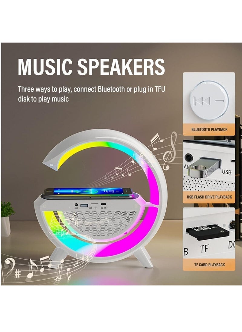 Bluetooth speaker Atmosphere Lamp with 15W Wireless Charger Led Alarm Clock Dimmable Ambient Light Smart Table Lamp with Dazzling Running Lights 13 Modes Lights for Adults Kids Office Bedroom.
