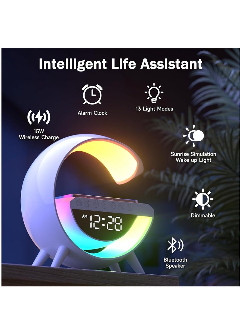 Bluetooth speaker Atmosphere Lamp with 15W Wireless Charger Led Alarm Clock Dimmable Ambient Light Smart Table Lamp with Dazzling Running Lights 13 Modes Lights for Adults Kids Office Bedroom.