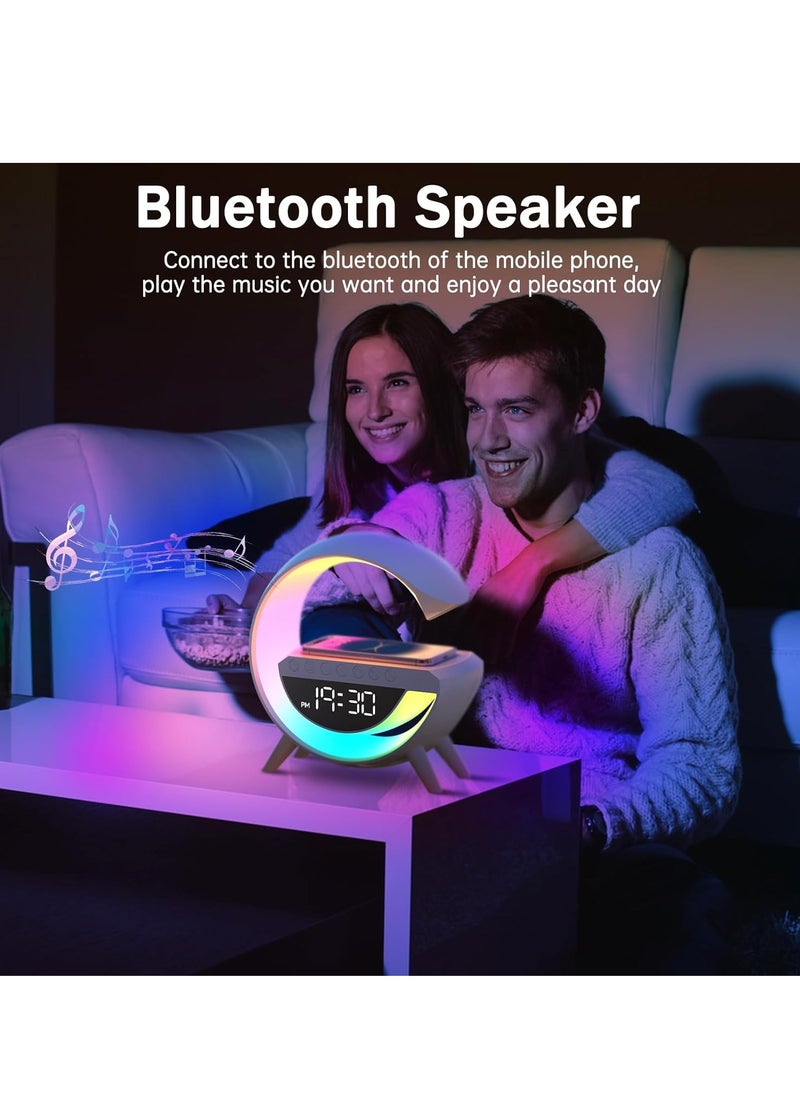 Bluetooth speaker Atmosphere Lamp with 15W Wireless Charger Led Alarm Clock Dimmable Ambient Light Smart Table Lamp with Dazzling Running Lights 13 Modes Lights for Adults Kids Office Bedroom.