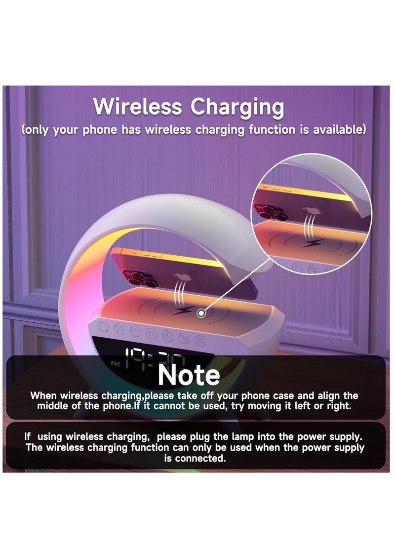 Bluetooth speaker Atmosphere Lamp with 15W Wireless Charger Led Alarm Clock Dimmable Ambient Light Smart Table Lamp with Dazzling Running Lights 13 Modes Lights for Adults Kids Office Bedroom.