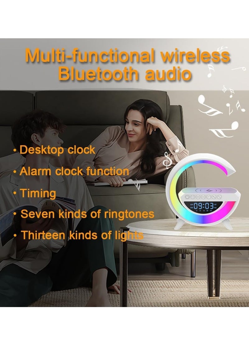 Bluetooth speaker Atmosphere Lamp with 15W Wireless Charger Led Alarm Clock Dimmable Ambient Light Smart Table Lamp with Dazzling Running Lights 13 Modes Lights for Adults Kids Office Bedroom.