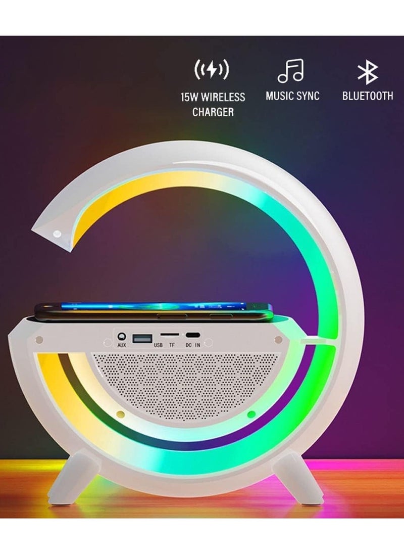 Bluetooth speaker Atmosphere Lamp with 15W Wireless Charger Led Alarm Clock Dimmable Ambient Light Smart Table Lamp with Dazzling Running Lights 13 Modes Lights for Adults Kids Office Bedroom.