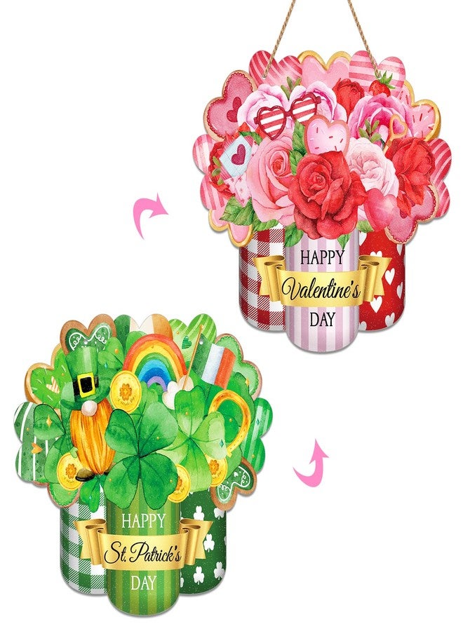 PETCEE لوحة باب قابلة للعكس من بيتسي لعيد الحب/عيد القديس باتريك، زينة باب مزدوجة الجوانب لعيد الحب، لافتة ترحيبية على شكل نبتة البرسيم للمنزل، علاقة حائط/باب لعيد القديس باتريك - Image 1