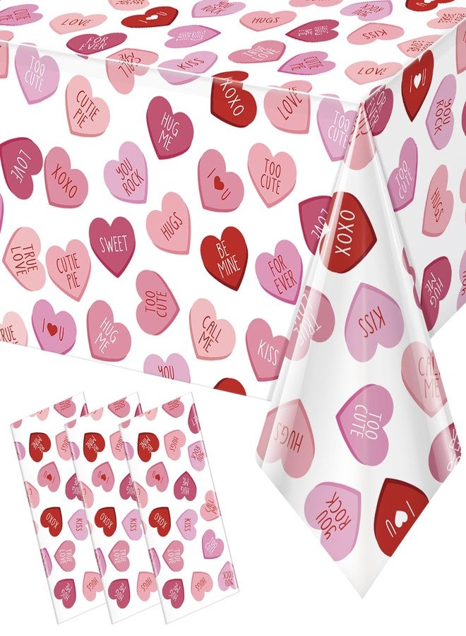 Pascliyna 3 Pcs Valentines Day Tablecloth, Pink Love Heart Plastic Table Cover, Valentines Disposable Rectangle Table Cloth for Valentine’s Day Wedding Engagement Anniversary Party Decorations, 54 x 108 Inch - Image 1