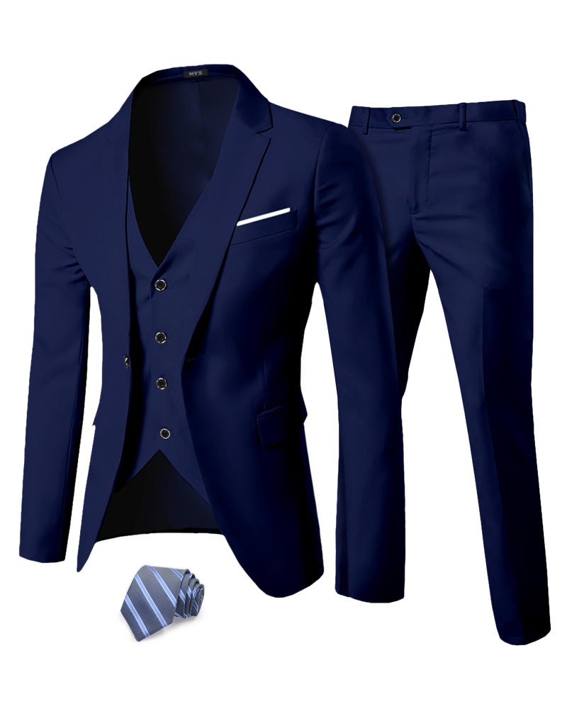MYS Mens 3 Piece Suit Set with Tie One Button Slim Fit Solid Jacket Vest Pants Prom Party Wedding Business Suits for Men Deep Blue Large