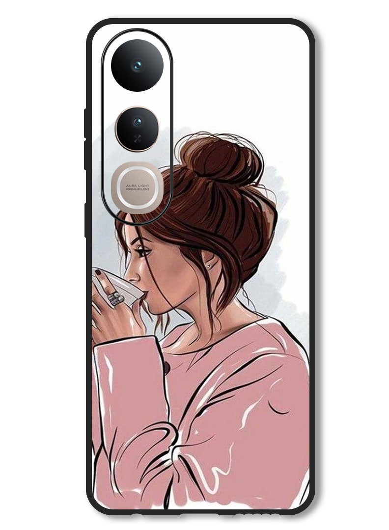 Theodor Case Compatible with Vivo V50 Lite Protection Shockproof Bumper Cover Girl Drinking Coffee 1 - Image 1