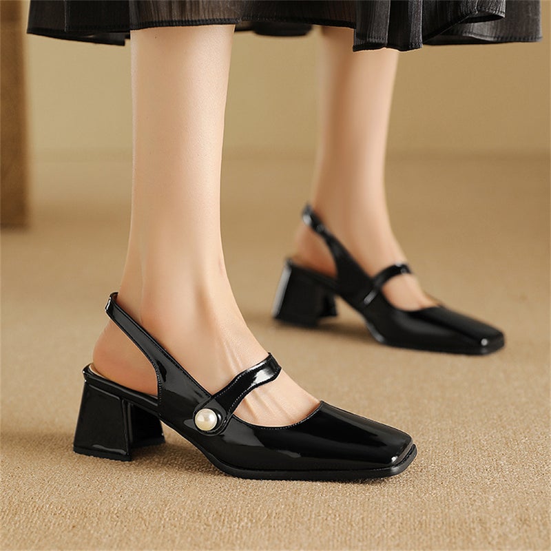 2024 High Heel 32-48 Size Square Head Small Fresh Pearl Ladies Sandals - Image 5